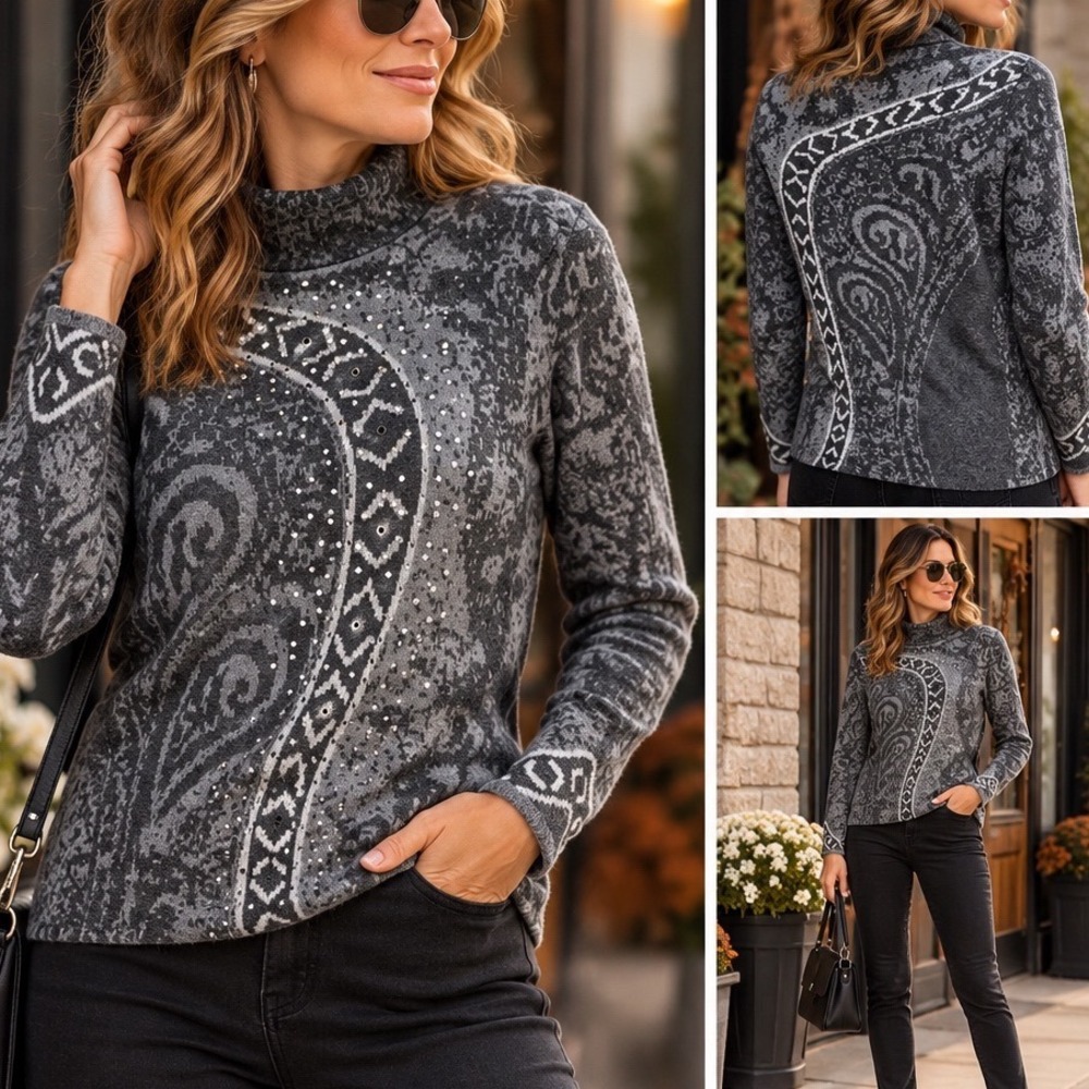 Chicos Gray Paisley Jacquard Rhinestone Mock Neck Sweater Size 1 Medium Womens